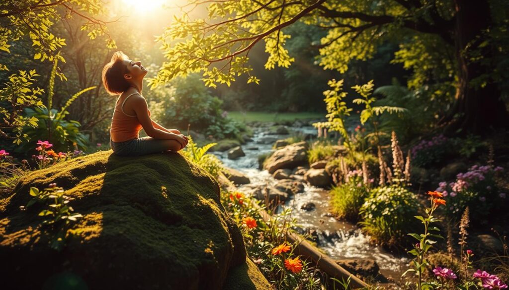 A battered heart, once shattered, is now mending through the warm embrace of nature. In the foreground, a figure sits upon a mossy rock, their face lifted towards the soft rays of the sun filtering through the lush canopy above. Surrounding them, a vibrant garden blooms with colorful wildflowers and verdant foliage, symbolizing the restorative power of the natural world. In the middle ground, a gentle stream meanders, its soothing sound a metaphor for the healing process. The background is painted with hues of green and gold, conveying a sense of tranquility and hope. A wide-angle lens captures this intimate scene, evoking a feeling of contemplation and personal growth in the wake of emotional turmoil. A battered heart, once shattered, is now mending through the warm embrace of nature. In the foreground, a figure sits upon a mossy rock, their face lifted towards the soft rays of the sun filtering through the lush canopy above. Surrounding them, a vibrant garden blooms with colorful wildflowers and verdant foliage, symbolizing the restorative power of the natural world. In the middle ground, a gentle stream meanders, its soothing sound a metaphor for the healing process. The background is painted with hues of green and gold, conveying a sense of tranquility and hope. A wide-angle lens captures this intimate scene, evoking a feeling of contemplation and personal growth in the wake of emotional turmoil.