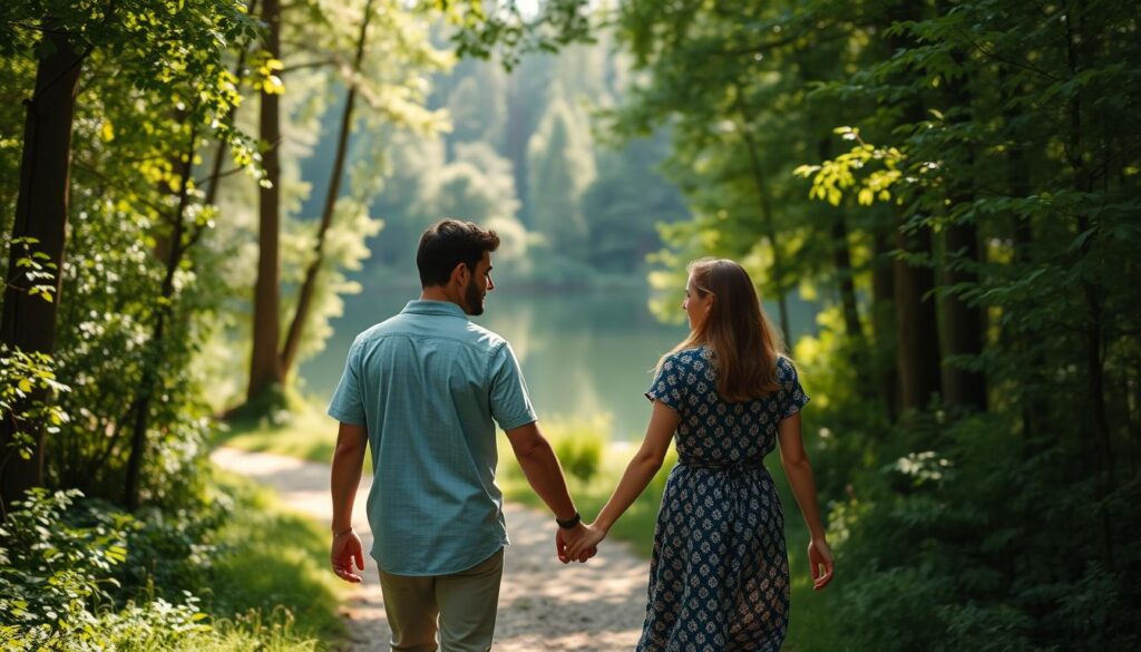 A couple walks hand-in-hand down a winding forest path, the dappled sunlight filtering through the canopy above. Their faces reflect a sense of rediscovery, a rekindling of the spark they once shared. In the middle distance, a serene lake reflects the trees and sky, creating a tranquil, mirror-like surface. The background is filled with lush, verdant foliage, hinting at the journey of exploration and self-discovery. The overall mood is one of hope, tenderness, and the revitalization of a once-lost connection. Captured with a warm, soft-focus lens, the scene emanates a sense of intimacy and emotional resonance. A couple walks hand-in-hand down a winding forest path, the dappled sunlight filtering through the canopy above. Their faces reflect a sense of rediscovery, a rekindling of the spark they once shared. In the middle distance, a serene lake reflects the trees and sky, creating a tranquil, mirror-like surface. The background is filled with lush, verdant foliage, hinting at the journey of exploration and self-discovery. The overall mood is one of hope, tenderness, and the revitalization of a once-lost connection. Captured with a warm, soft-focus lens, the scene emanates a sense of intimacy and emotional resonance.
