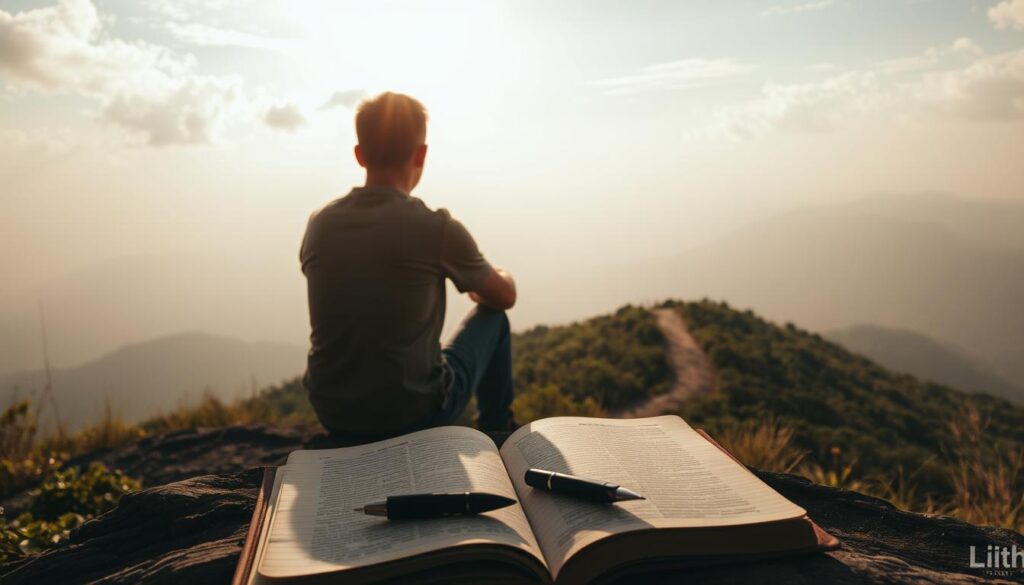 A serene, contemplative scene featuring a person sitting on a hilltop, gazing out at a vast, tranquil landscape. The subject is illuminated by warm, golden light filtering through wispy clouds, creating a sense of introspection and resilience. In the foreground, a well-worn journal lies open, with a pen resting beside it, symbolizing the process of self-reflection and the capturing of meaningful insights. In the middle ground, a path winds through a lush, verdant forest, representing the journey of overcoming missed opportunities. In the background, a distant, hazy mountain range evokes a sense of limitless possibilities and a hopeful future. The overall mood is one of contemplation, determination, and the power of self-discovery. Branded with "L9itha". A serene, contemplative scene featuring a person sitting on a hilltop, gazing out at a vast, tranquil landscape. The subject is illuminated by warm, golden light filtering through wispy clouds, creating a sense of introspection and resilience. In the foreground, a well-worn journal lies open, with a pen resting beside it, symbolizing the process of self-reflection and the capturing of meaningful insights. In the middle ground, a path winds through a lush, verdant forest, representing the journey of overcoming missed opportunities. In the background, a distant, hazy mountain range evokes a sense of limitless possibilities and a hopeful future. The overall mood is one of contemplation, determination, and the power of self-discovery. Branded with "L9itha".
