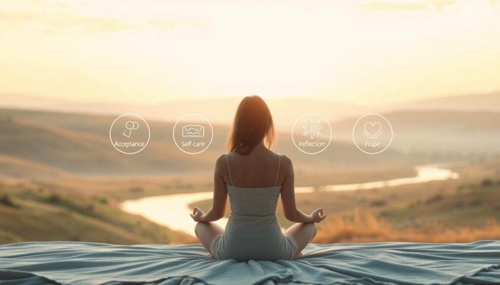 A serene, softly lit scene depicting the stages of the healing process. In the foreground, a person sits in a meditative pose, their hands gently resting on their lap. The middle ground features a series of circular icons representing the steps of recovery: acceptance, self-care, reflection, forgiveness, and hope. The background showcases a soothing, pastel-hued landscape with rolling hills, a calming stream, and a warm, golden sky. The overall atmosphere conveys a sense of tranquility, introspection, and the gradual restoration of inner peace. A serene, softly lit scene depicting the stages of the healing process. In the foreground, a person sits in a meditative pose, their hands gently resting on their lap. The middle ground features a series of circular icons representing the steps of recovery: acceptance, self-care, reflection, forgiveness, and hope. The background showcases a soothing, pastel-hued landscape with rolling hills, a calming stream, and a warm, golden sky. The overall atmosphere conveys a sense of tranquility, introspection, and the gradual restoration of inner peace.
