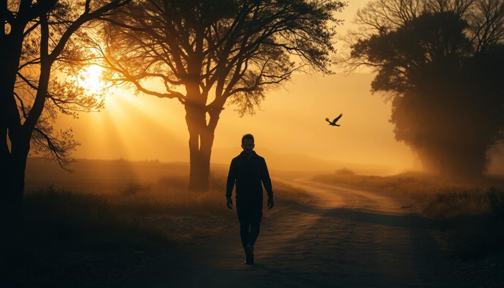 A solitary figure walking along a deserted path, the weight of heartbreak etched upon their face. Rays of golden light filter through the trees, casting a bittersweet glow upon the scene. In the distance, a lone bird takes flight, a symbol of the journey ahead. The landscape is shrouded in muted tones, mirroring the somber mood, yet a glimmer of hope lingers, guiding the way forward. The camera angle is low, emphasizing the vastness of the surroundings and the protagonist's small, vulnerable form, conveying the sense of a lost love's journey towards reconnection and renewal. A solitary figure walking along a deserted path, the weight of heartbreak etched upon their face. Rays of golden light filter through the trees, casting a bittersweet glow upon the scene. In the distance, a lone bird takes flight, a symbol of the journey ahead. The landscape is shrouded in muted tones, mirroring the somber mood, yet a glimmer of hope lingers, guiding the way forward. The camera angle is low, emphasizing the vastness of the surroundings and the protagonist's small, vulnerable form, conveying the sense of a lost love's journey towards reconnection and renewal.