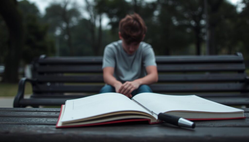 A young person sits alone on a park bench, shoulders slumped, gaze downcast. The background is blurred, emphasizing their introspective mood. The lighting is soft, casting a melancholic glow. The scene conveys a sense of regret and missed opportunities, the figure lost in their own thoughts. In the foreground, a notebook lays open, a pen resting beside it, suggesting an attempt to process these feelings. The overall atmosphere is one of contemplation and internal struggle. L9itha. A young person sits alone on a park bench, shoulders slumped, gaze downcast. The background is blurred, emphasizing their introspective mood. The lighting is soft, casting a melancholic glow. The scene conveys a sense of regret and missed opportunities, the figure lost in their own thoughts. In the foreground, a notebook lays open, a pen resting beside it, suggesting an attempt to process these feelings. The overall atmosphere is one of contemplation and internal struggle. L9itha.