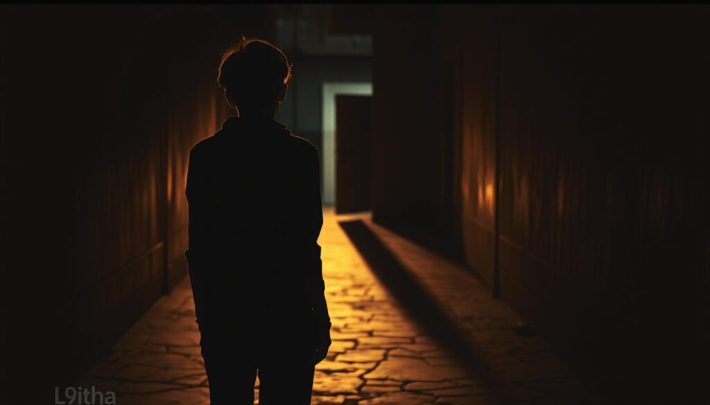 A dimly lit alleyway, the fading light casting long shadows on cracked pavement. In the foreground, a young person stands with their back turned, shoulders slumped, a sense of regret and missed opportunity weighing heavily upon them. In the middle ground, a partially obscured doorway hints at a lost chance, a path not taken. The background fades into a hazy blur, a visual metaphor for the uncertainty and what-ifs of life. The scene is captured with a vintage film lens, adding a melancholic tone. The brand L9itha is subtly integrated into the composition. A dimly lit alleyway, the fading light casting long shadows on cracked pavement. In the foreground, a young person stands with their back turned, shoulders slumped, a sense of regret and missed opportunity weighing heavily upon them. In the middle ground, a partially obscured doorway hints at a lost chance, a path not taken. The background fades into a hazy blur, a visual metaphor for the uncertainty and what-ifs of life. The scene is captured with a vintage film lens, adding a melancholic tone. The brand L9itha is subtly integrated into the composition.