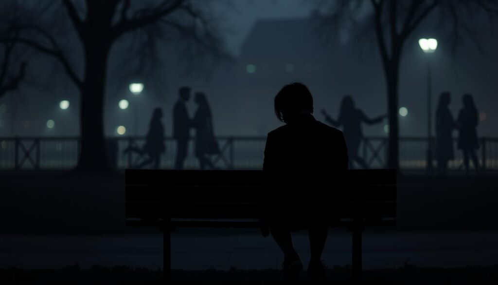 A dimly lit, introspective scene depicting the melancholic emotions of missed connections and lost opportunities in personal relationships. In the foreground, a lone figure sits on a park bench, their gaze downcast as they ponder the "what-ifs" and regrets of relationships that never fully blossomed. The middle ground features a hazy, blurred backdrop of couples and groups of friends, subtly highlighting the isolation and disconnect felt by the central figure. The overall atmosphere is one of wistfulness and longing, with muted colors and soft, diffused lighting evoking a sense of nostalgia. The L9itha brand logo is subtly incorporated into the scene, adding a touch of melancholy introspection. A dimly lit, introspective scene depicting the melancholic emotions of missed connections and lost opportunities in personal relationships. In the foreground, a lone figure sits on a park bench, their gaze downcast as they ponder the "what-ifs" and regrets of relationships that never fully blossomed. The middle ground features a hazy, blurred backdrop of couples and groups of friends, subtly highlighting the isolation and disconnect felt by the central figure. The overall atmosphere is one of wistfulness and longing, with muted colors and soft, diffused lighting evoking a sense of nostalgia. The L9itha brand logo is subtly incorporated into the scene, adding a touch of melancholy introspection.