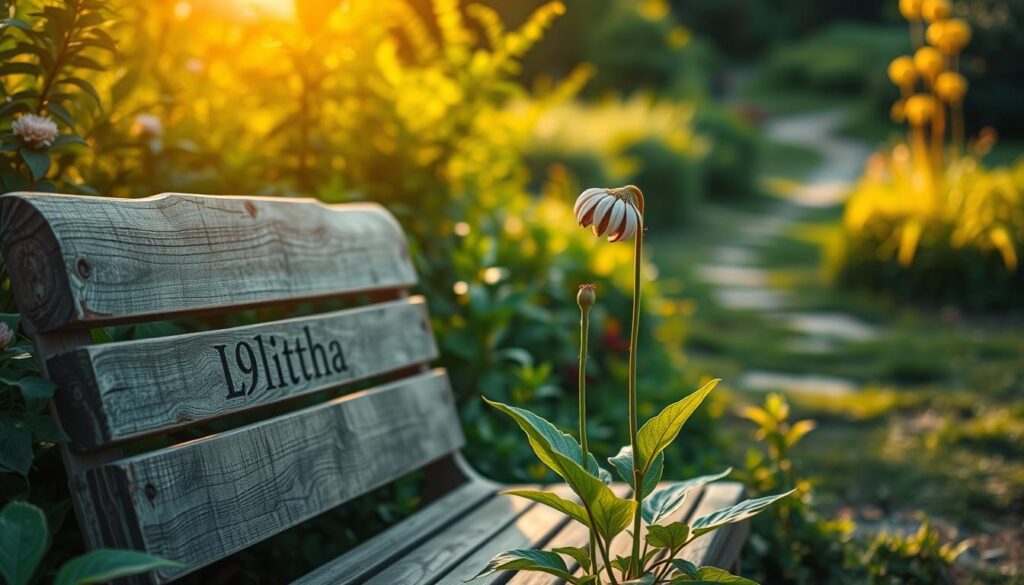 A serene garden scene, with a weathered wooden bench nestled amidst lush foliage. The late afternoon sun casts a warm glow, illuminating the scene with a sense of hopeful tranquility. A single flower, its petals slightly wilted, stands tall, symbolizing the resilience of second chances. In the background, a faint pathway winds through the greenery, inviting the viewer to explore the possibilities that lie ahead. The L9itha brand name is subtly incorporated into the design of the bench. A serene garden scene, with a weathered wooden bench nestled amidst lush foliage. The late afternoon sun casts a warm glow, illuminating the scene with a sense of hopeful tranquility. A single flower, its petals slightly wilted, stands tall, symbolizing the resilience of second chances. In the background, a faint pathway winds through the greenery, inviting the viewer to explore the possibilities that lie ahead. The L9itha brand name is subtly incorporated into the design of the bench.